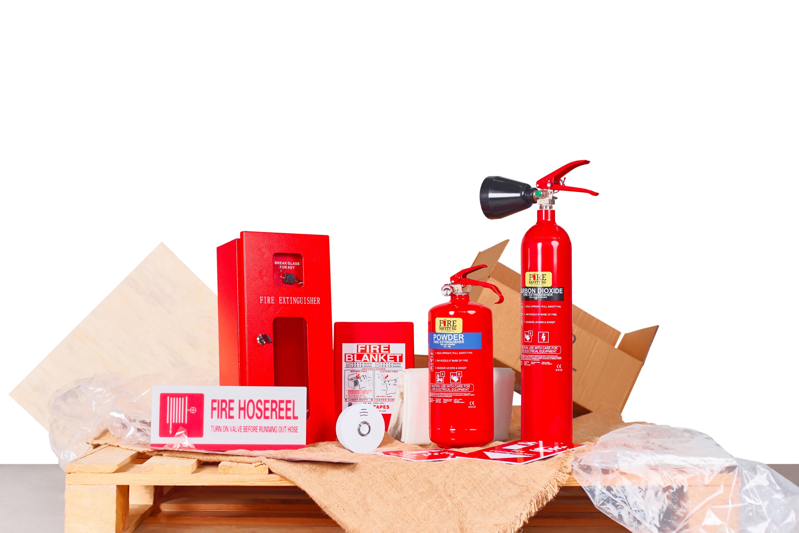 Fire extinguishers, fire alarm bell, fire signages